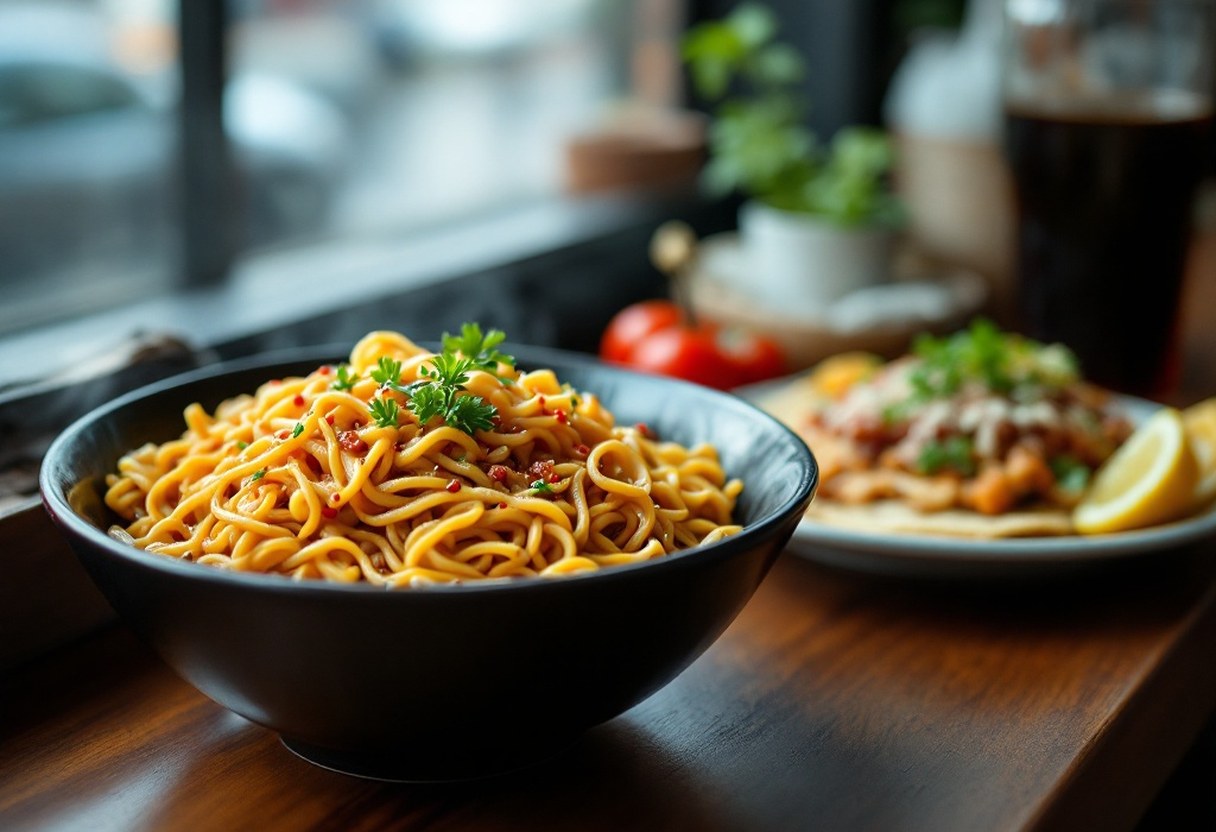 Bowl of noodles and a taco plate from an affordable Portland food cart