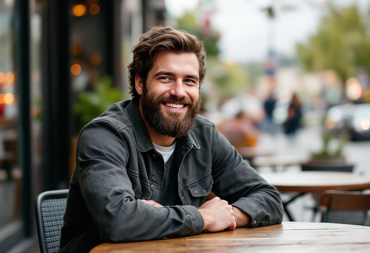Portrait of Davis, a Portland food writer, smiling at an outdoor café table